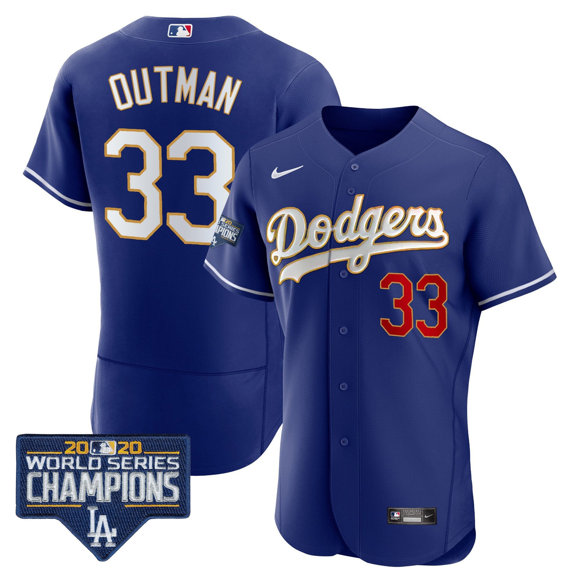 Men's Dodgers World Series Champions Patch Flex Base Gold Trim Jersey - All Stitched