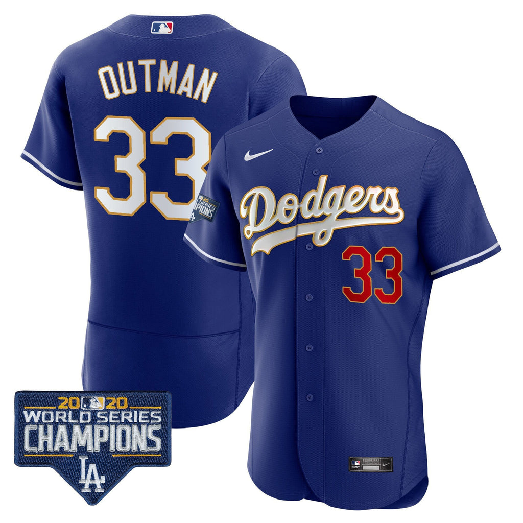 Men's Dodgers World Series Champions Patch Flex Base Gold Trim Jersey - All Stitched