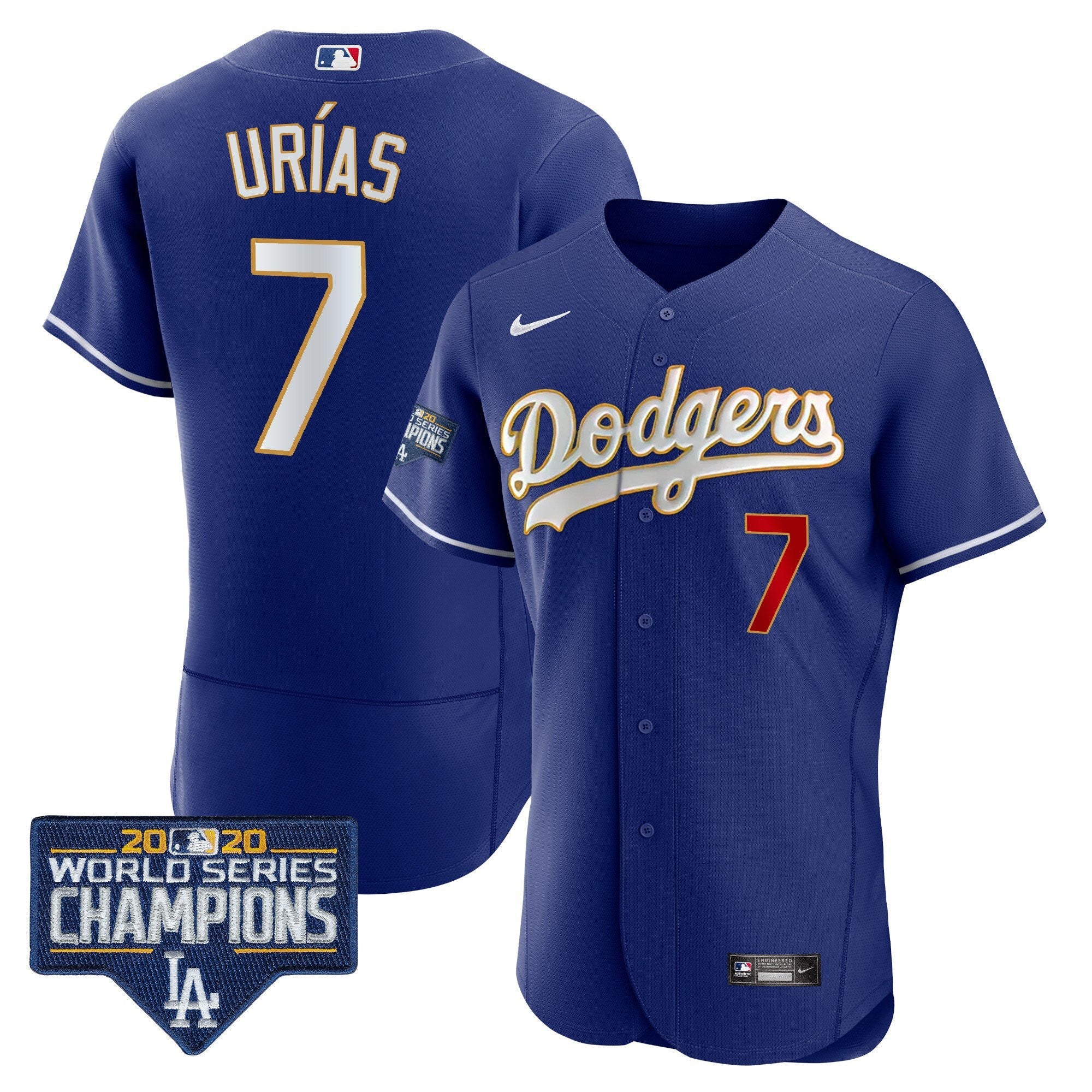 Men's Dodgers World Series Champions Patch Flex Base Gold Trim Jersey - All Stitched