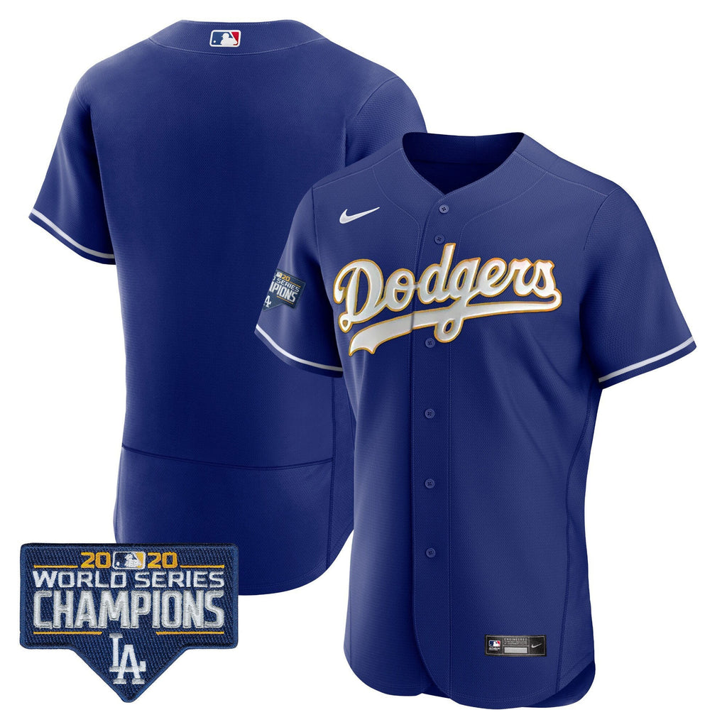 Men's Dodgers World Series Champions Patch Flex Base Gold Trim Jersey - All Stitched
