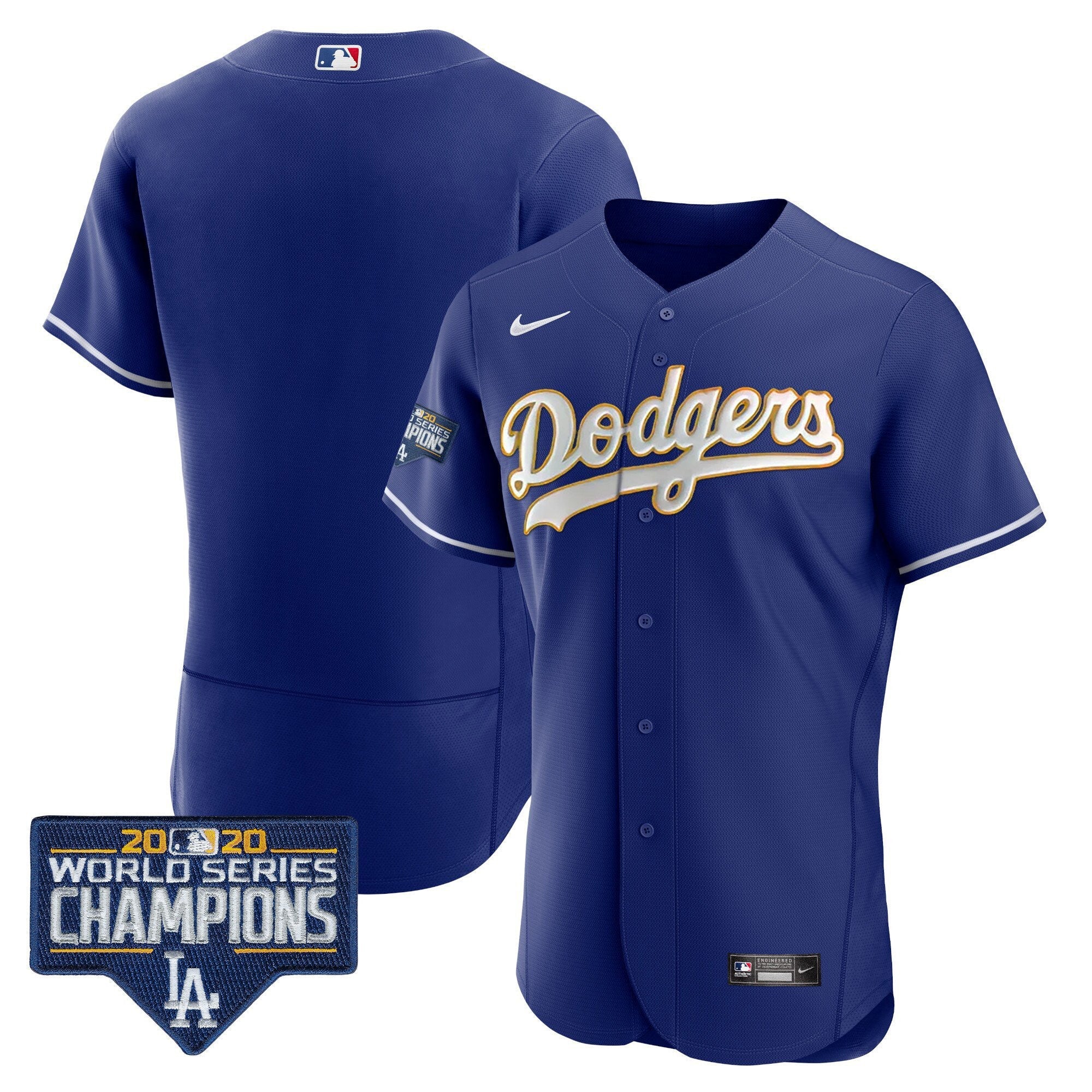 Men's Dodgers World Series Champions Patch Flex Base Gold Trim Jersey - All Stitched