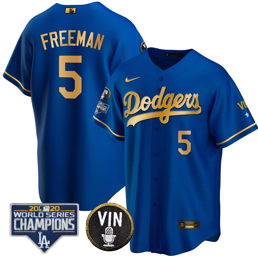 Men's Dodgers World Series & Vin Sculy Patch Gold Jersey - All Stitched