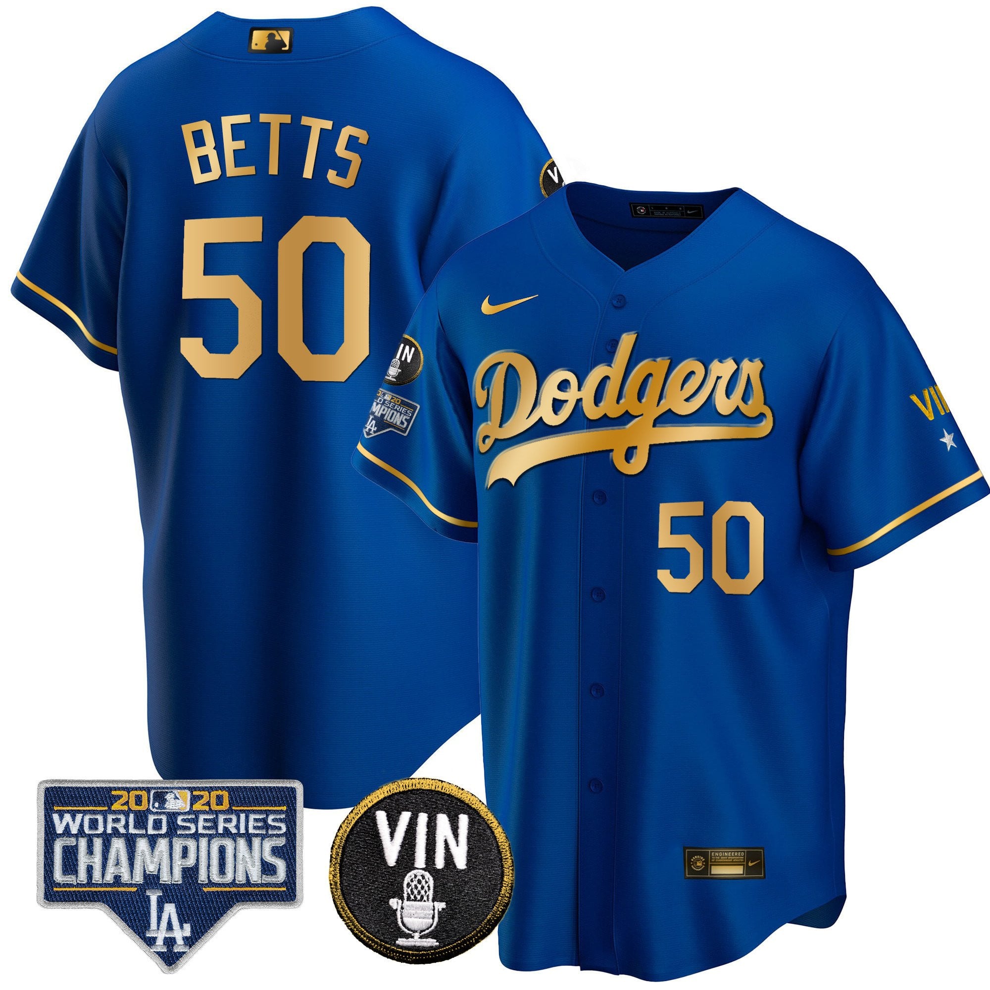 Men's Dodgers World Series & Vin Sculy Patch Gold Jersey - All Stitched