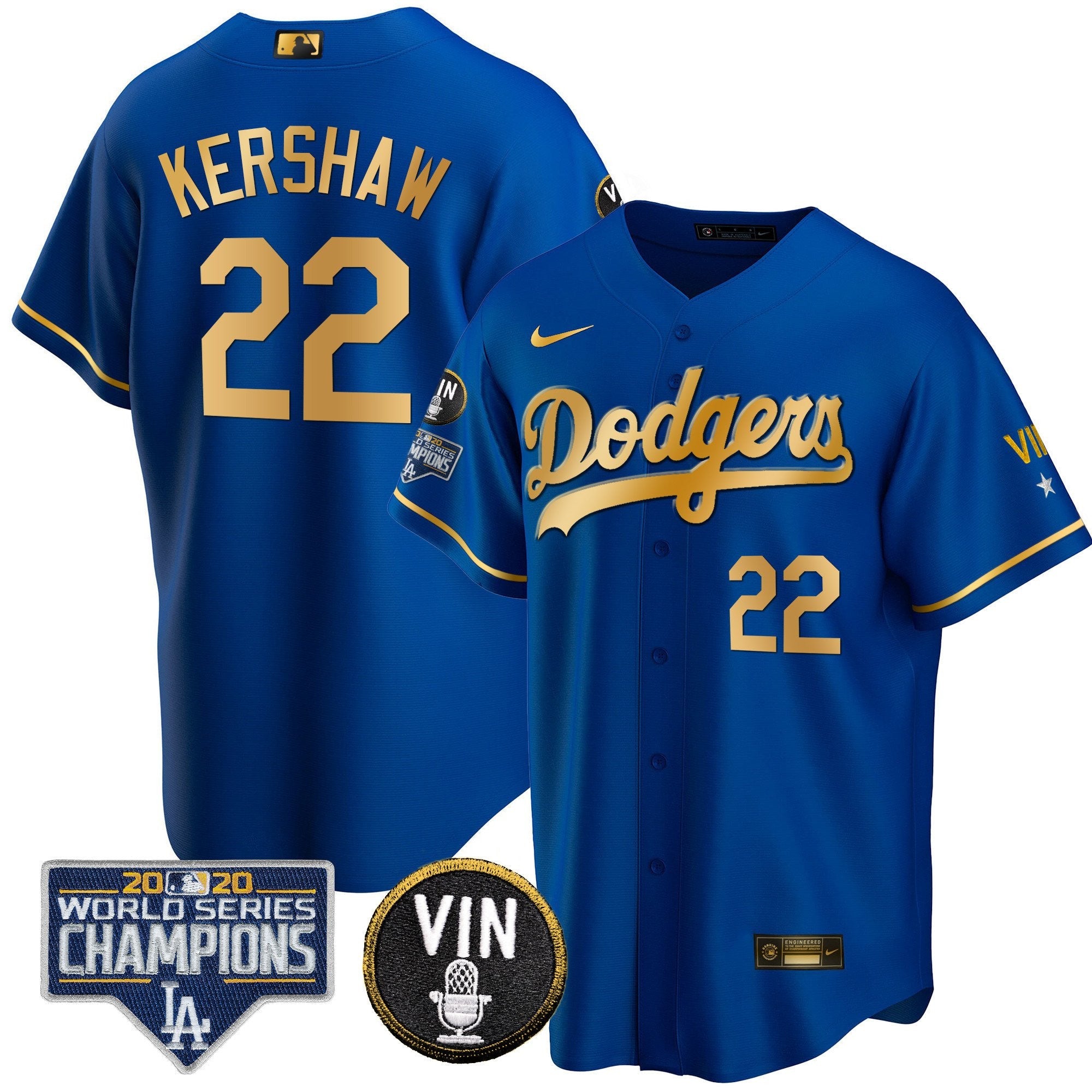 Men's Dodgers World Series & Vin Sculy Patch Gold Jersey - All Stitched