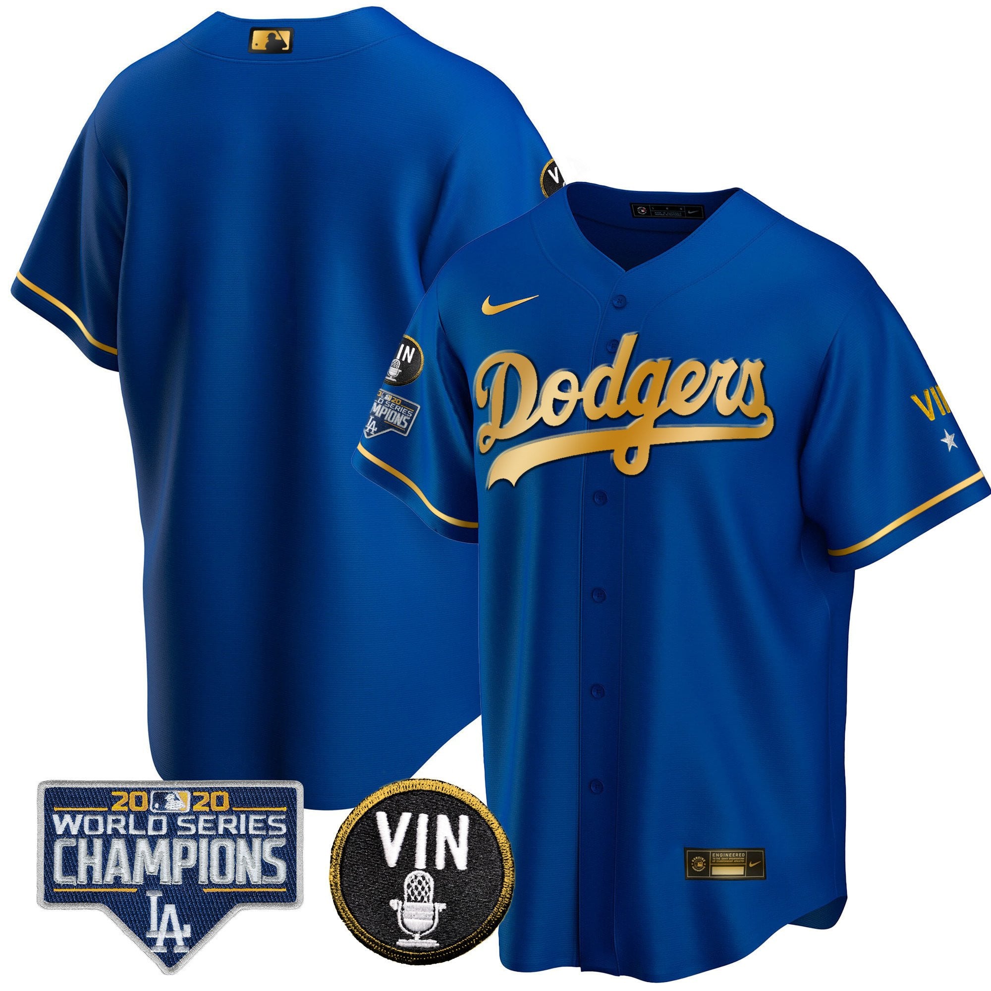 Men's Dodgers World Series & Vin Sculy Patch Gold Jersey - All Stitched